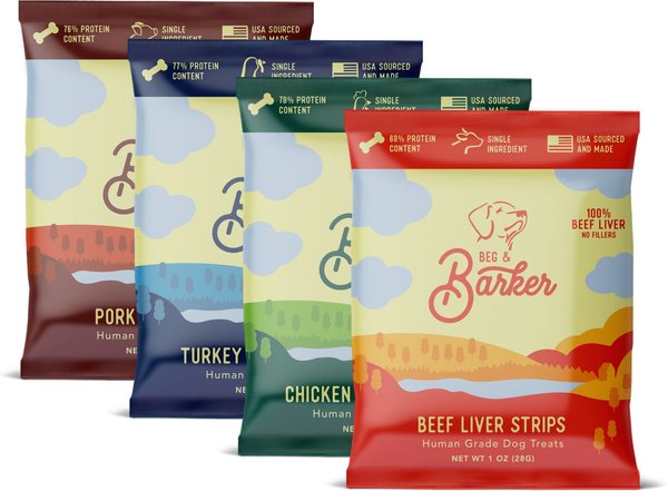 Beg and Barker Farmyard and Pasture Variety Variety Chicken， Pork， Turkey and Beef Liver Dog Jerky Treats