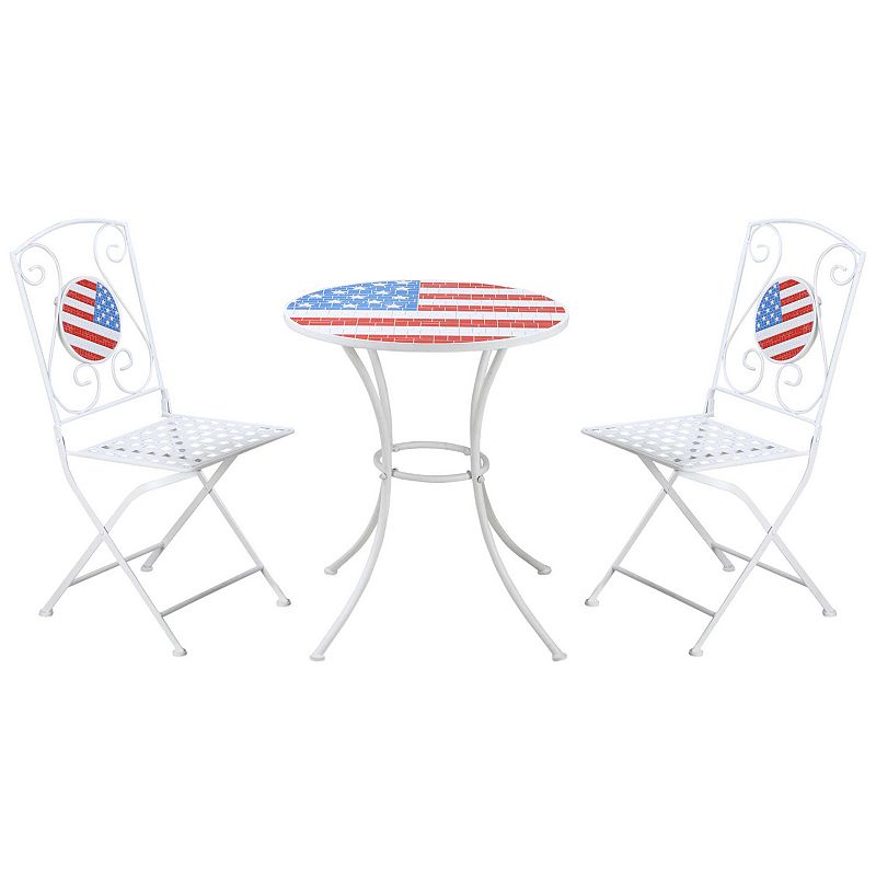 Outsunny 3 Pieces Outdoor Patio Set with 2 Folding Chairs， 1 Center Table， American Flag Stone Mosaic Bistro Table and Chairs for Garden， Poolside， Porch， White