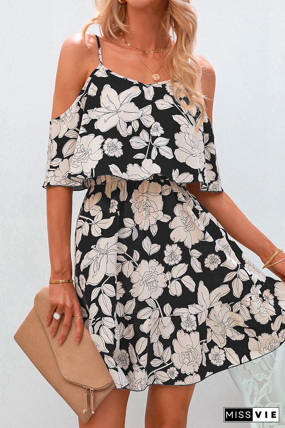 Floral Print Slip Ruffles Chiffon Dress Wholesale