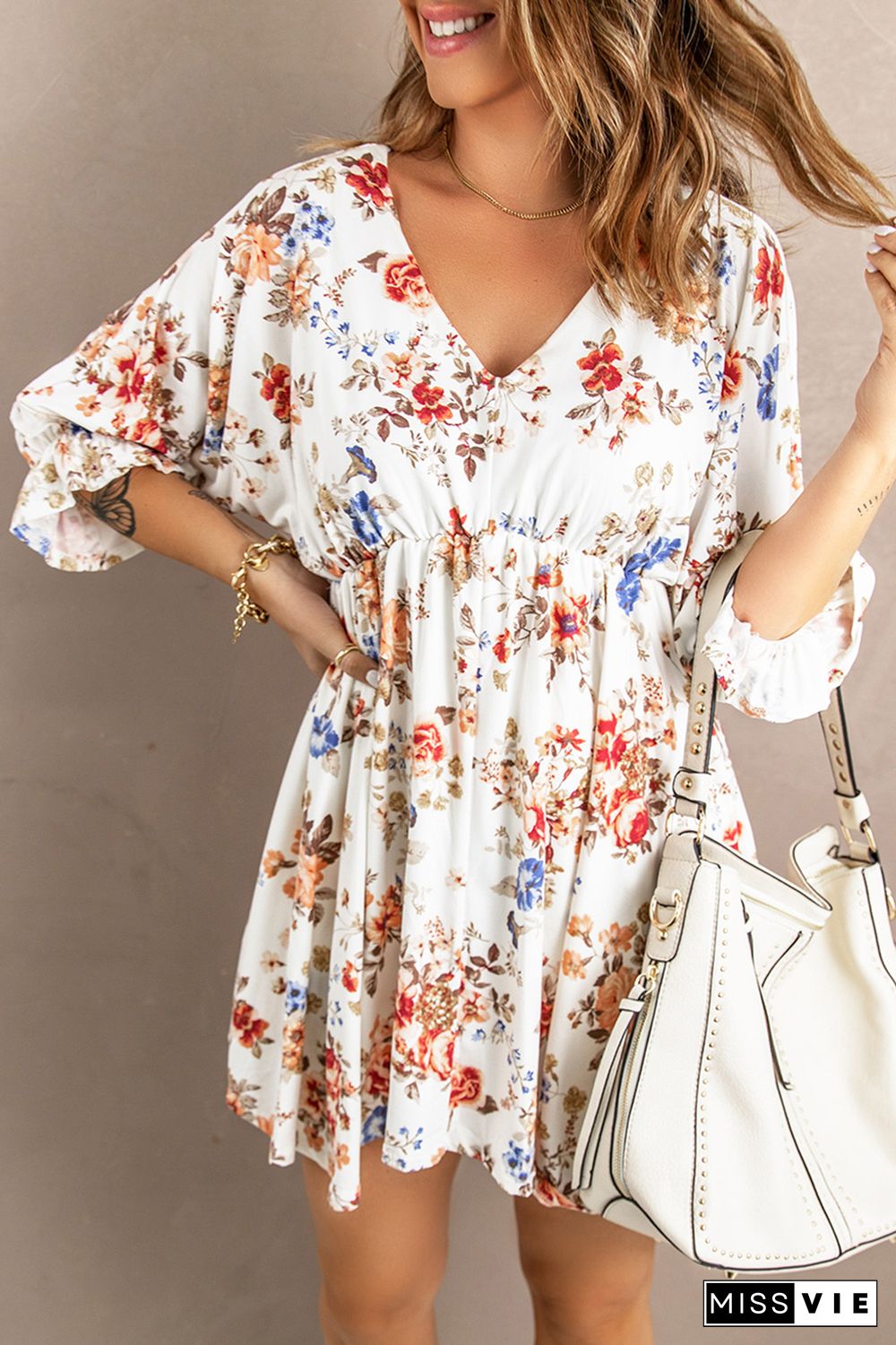 White V Neck Flounce High Waist Floral Mini Dress