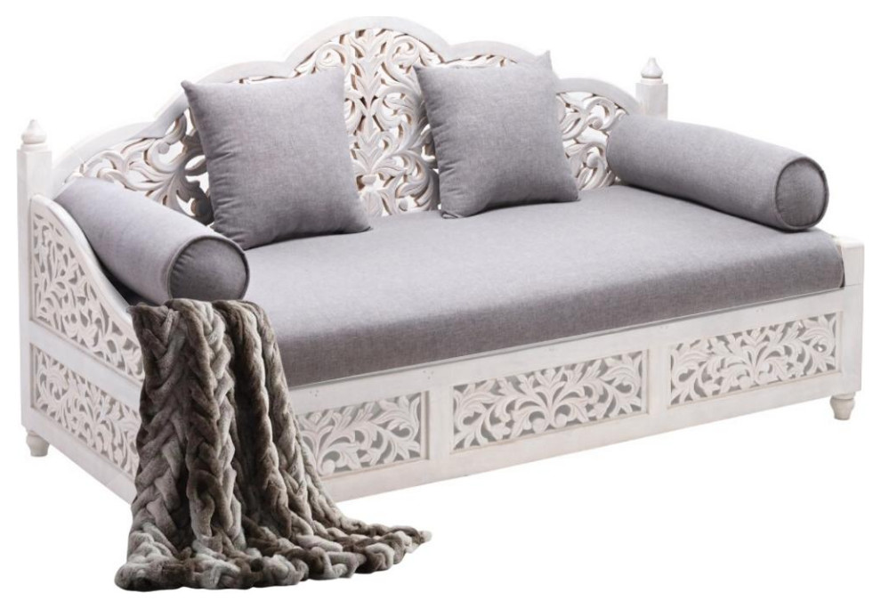 Lace Collection Daybed Sofa Carved White Washed Wood with Throw Pillows   Farmhouse   Sofas   by Sideboards and Things  Houzz