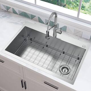 Glacier Bay Professional 36 in. All in One Drop-In 16G Stainless Steel 2-Hole Single Bowl Kitchen Sink with Spring Neck Faucet FSDZ3622A1SA1