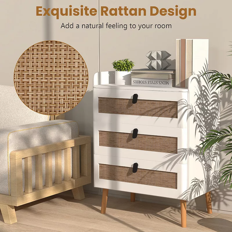 Modern End Table With 3 Rattan Decorated Drawers-White