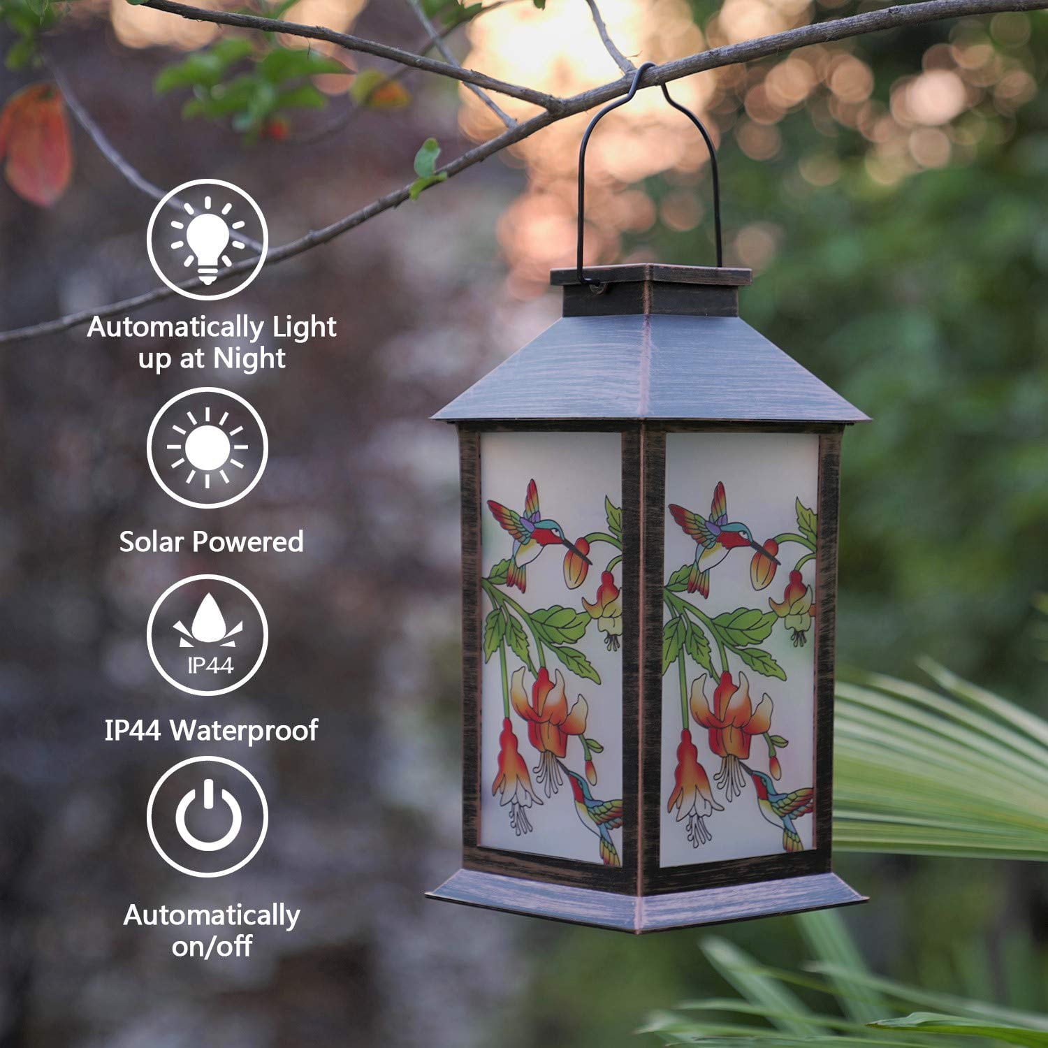 EXCMARK Solar Lanterns Outdoor Hanging Solar Lights Decorative for Garden Patio Porch and Tabletop Decorations with Hummingbird Pattern.