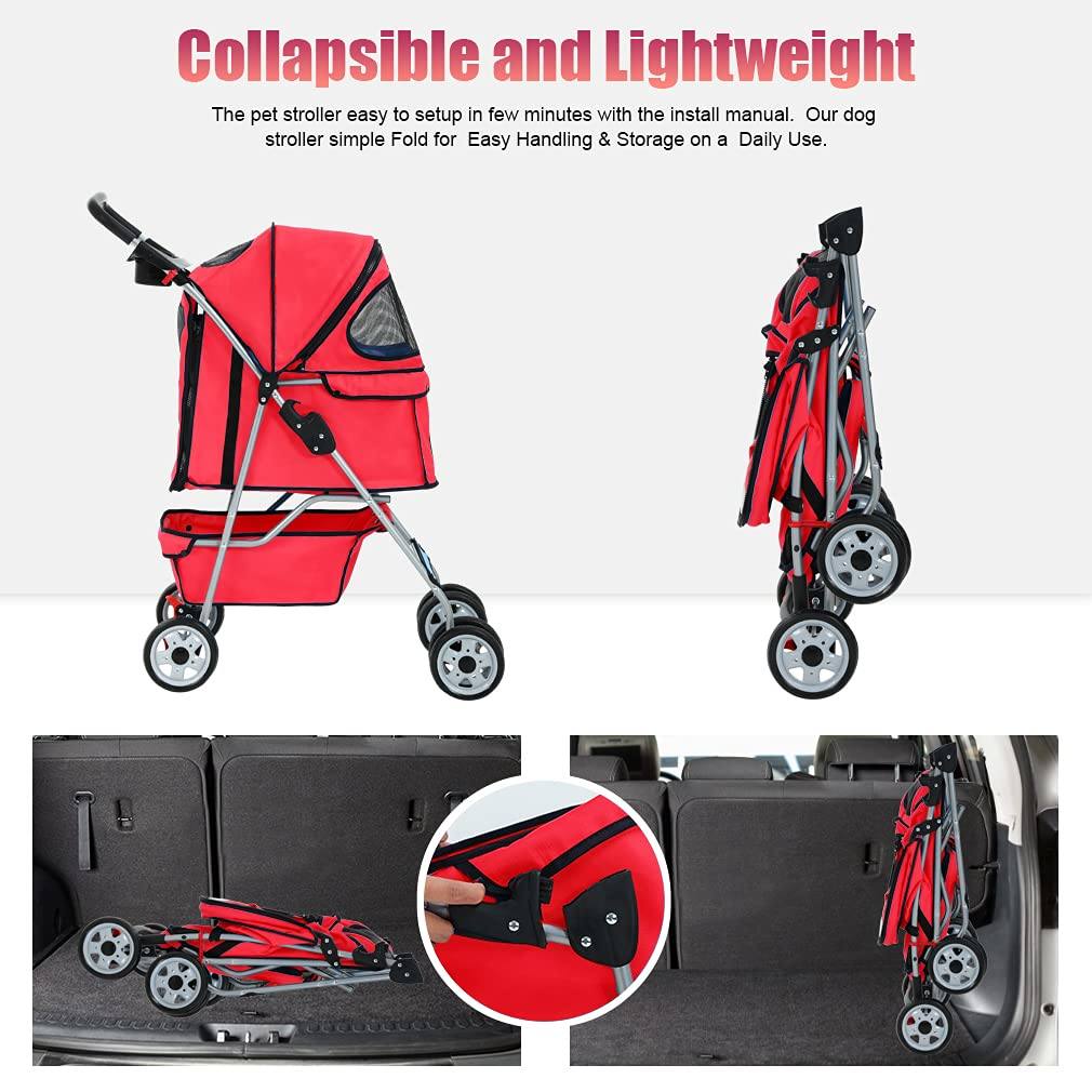 YRLLENSDAN Pet Gear Dog Stroller Small Dogs， Folding Cat Stroller with Cup Holders 4 Wheel Pet Strollers for Small Dogs Puppy Stroller Travel Carrier Dog Stroller for Medium Dogs， Red