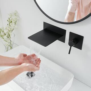 BWE Single Handle Wall Mount Spout Waterfall Bathroom Faucet in Matte Black A-93008-Black