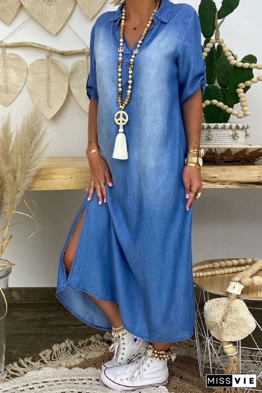 Plus Size Denim Split Neck Side Slit Maxi Dress