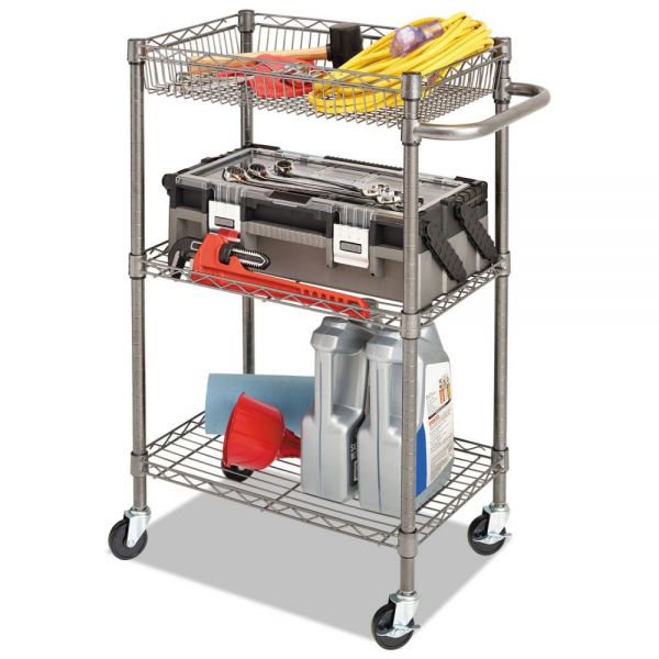 Alera Three-Tier Wire Cart with Basket， Metal， 2 Shelves， 1 Bin， 500 lb Capacity， 28