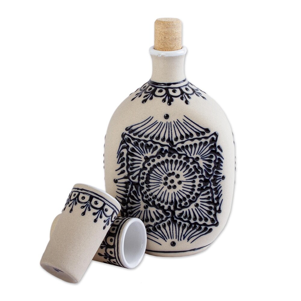 NOVICA Artisan Handblown Ceramic Tequila Decanter Beige Talavera Style Mexican Glasses 'Traditional Spirit'(Set of 3)