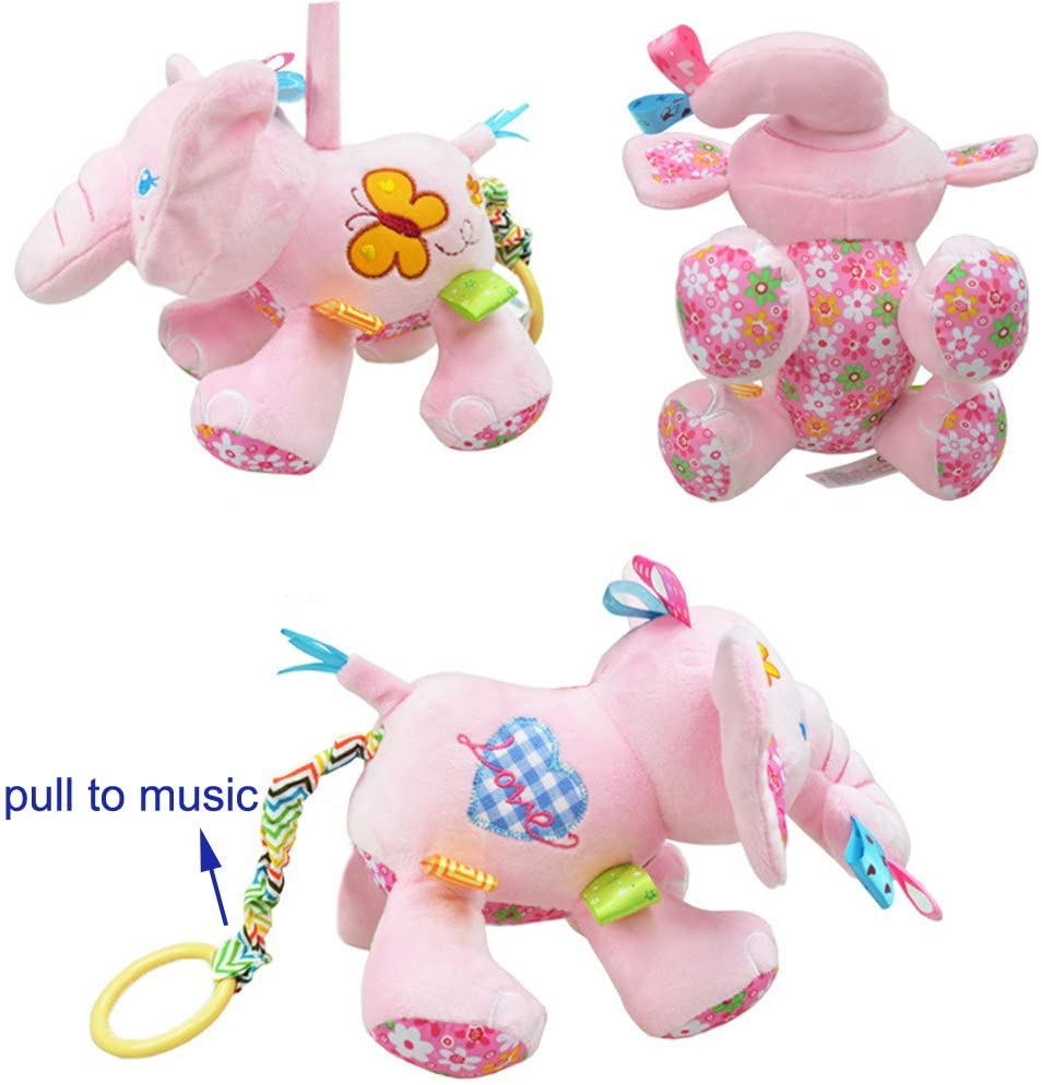 Music Bed Time Elephant Stuffed Animal Toys Kids Toddler Plush Baby Infant Strollers Crib Bedding Toys (Pink)