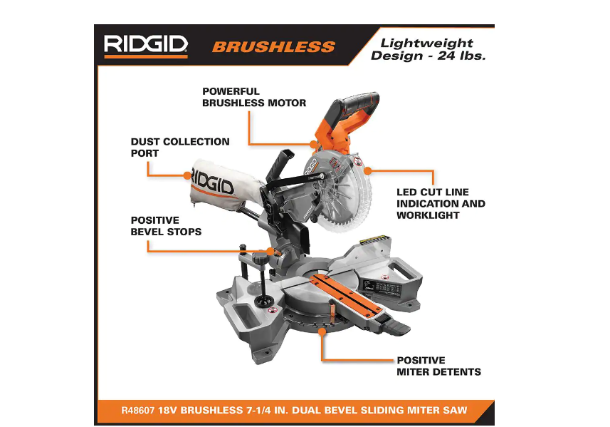 RIDGID R48607 18V Brushless 7-1/4 in. Dual Bevel Sliding Miter Saw (Tool Only)