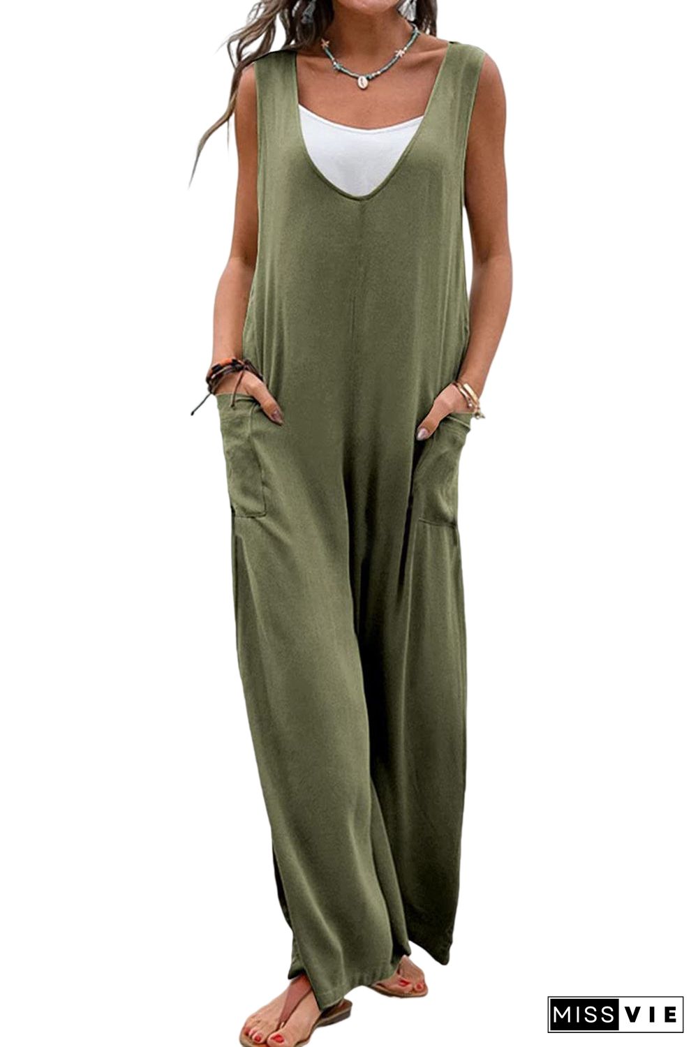 Green Sleeveless V Neck Wide Leg Jumpsuit with Pockets