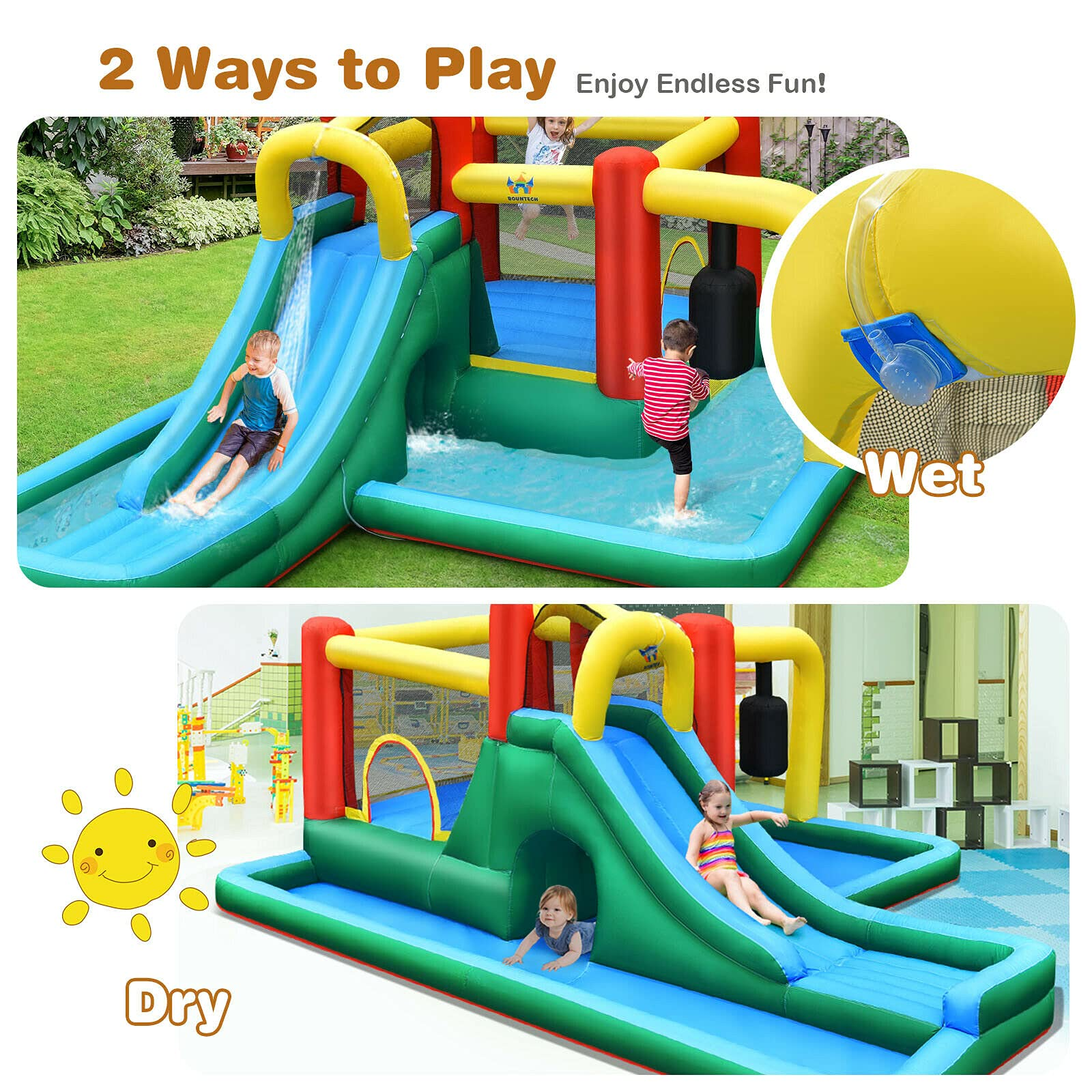 BOUNTECH 6-in-1 Kids Water Bounce House Jumping Castle for Wet Dry Combo with Long Slide