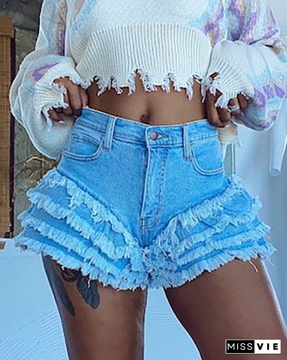 Fringe Hem Button Design High Waisted Denim Shorts