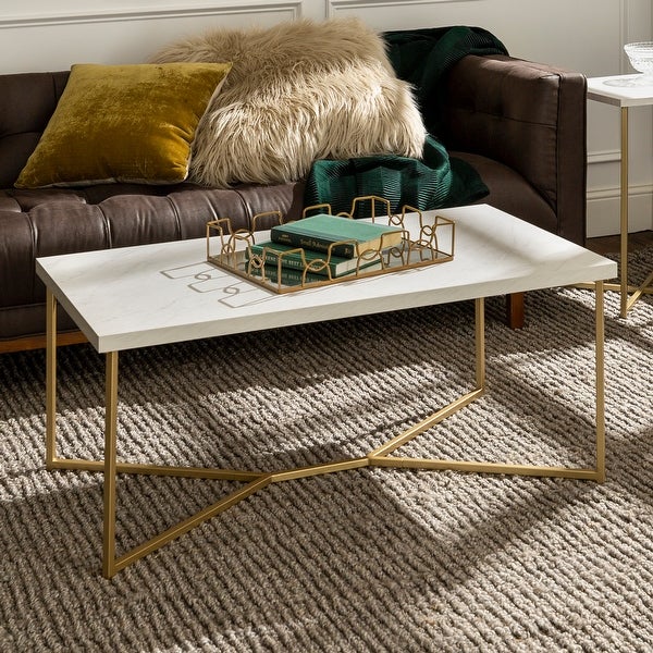 Diana Y-Leg Coffee Table， White Faux Marble/Gold