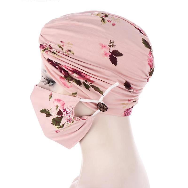 Women- Turban Head Wrap Hat With Mask Button Scarf