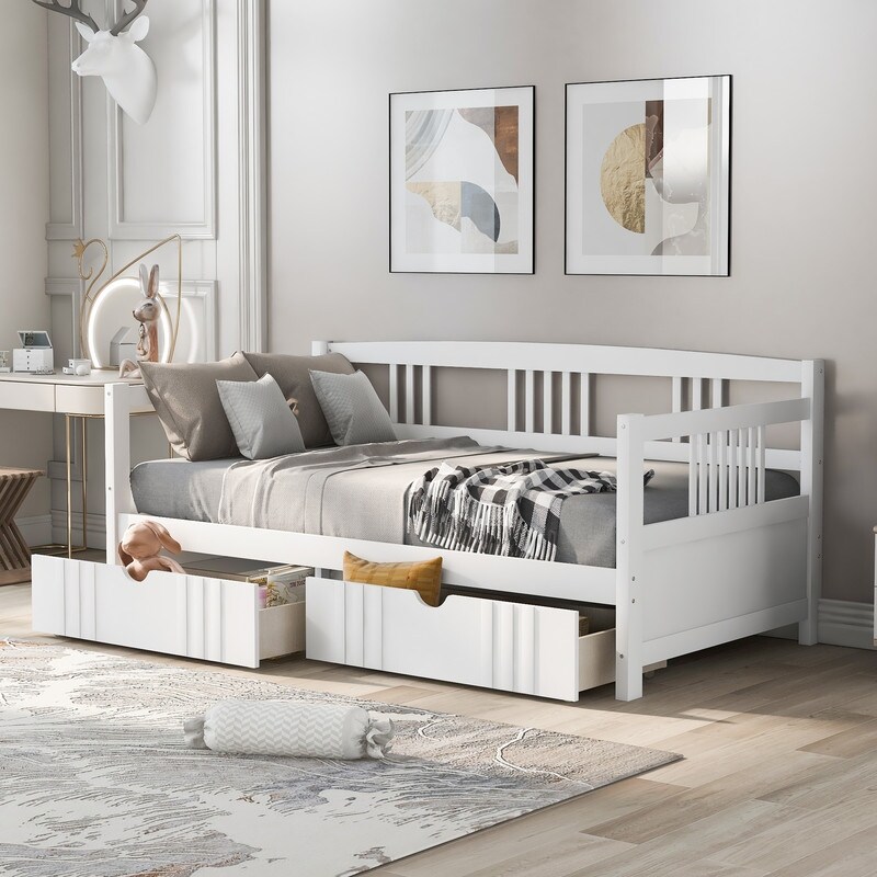 AOOLIVE Twin Size Daybed Premium Pine Wood Bed with Two Drawers  White