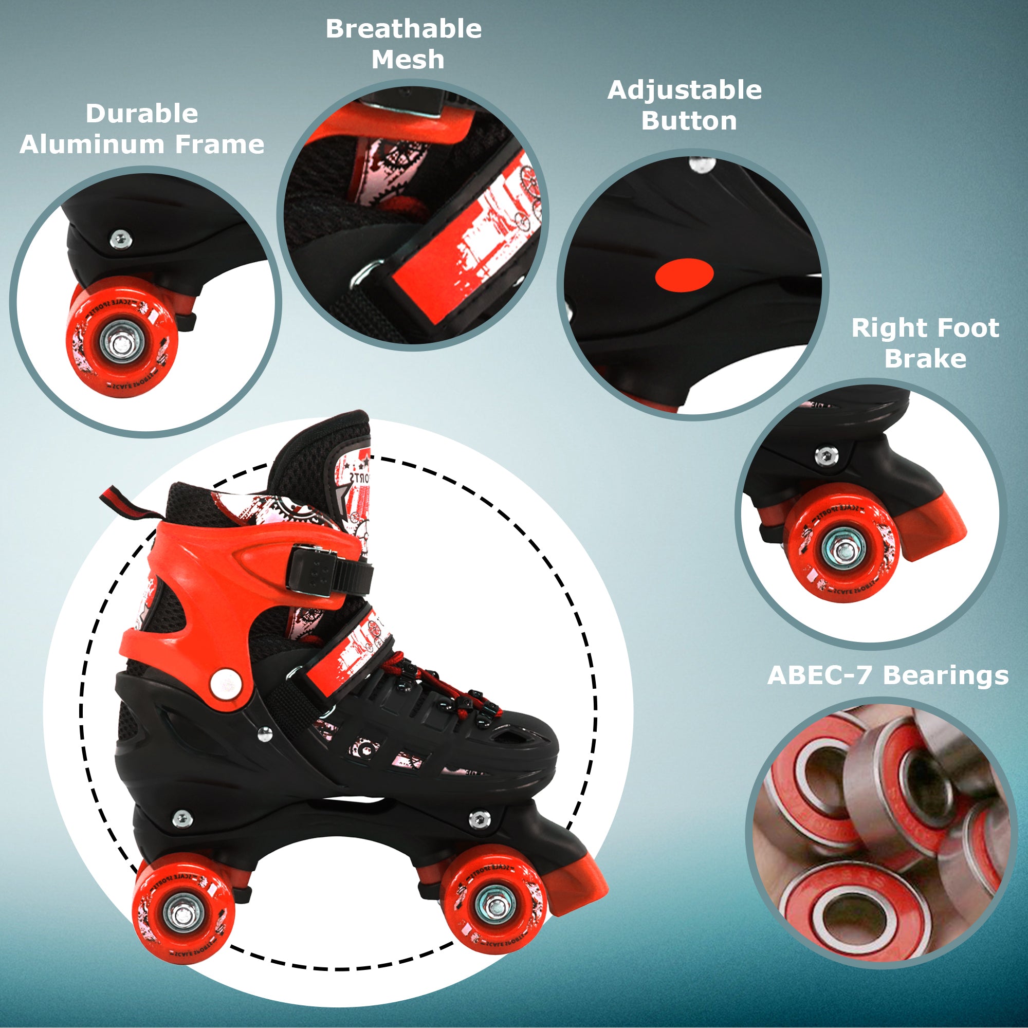 Adjustable Red Quad Roller Skates For Kids Medium Sizes