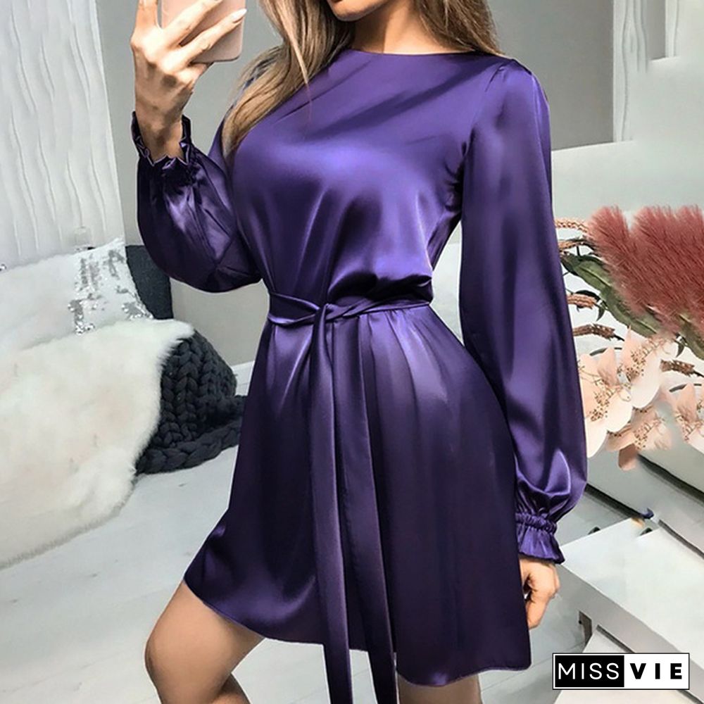 ZANZEA Women Spring Sundress Solid Casual Minimalist Full Sleeve Office O-Neck Mini Party Dress