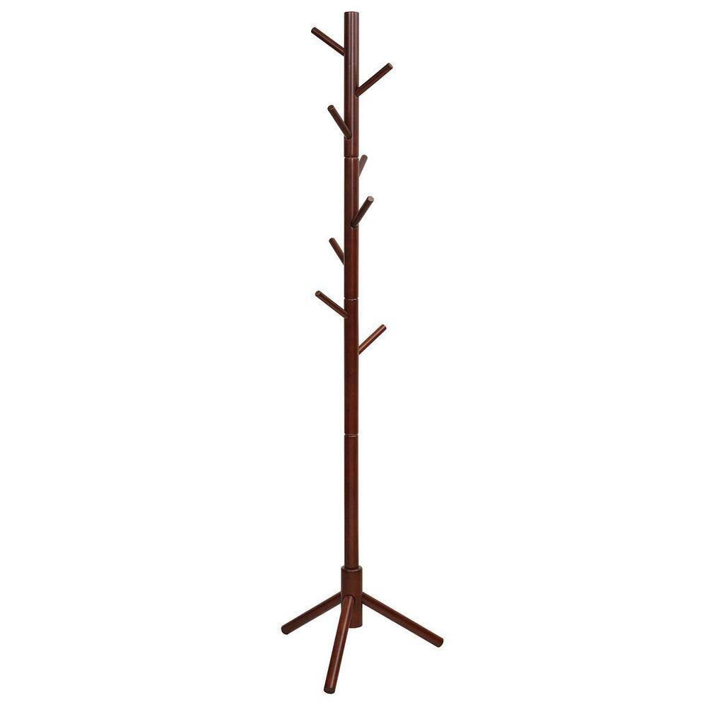 Walnut Wooden Coat Rack Stand Hall Tree Entryway Organizer 2-Heights with 8-Hooks HW65615BN