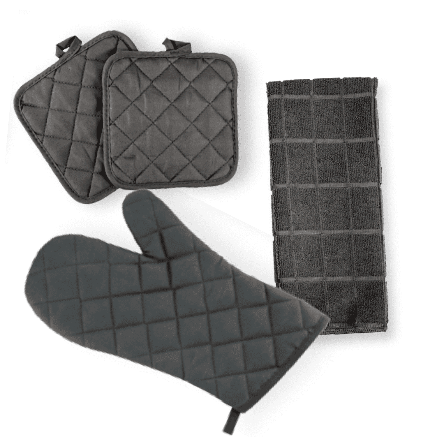 Kitchen Towel Set with 2 Quilted Pot Holders， Oven Mitt， Dish Towel， Dish Drying Mat， 2 Microfiber Scrubbing Dishcloths (Black)