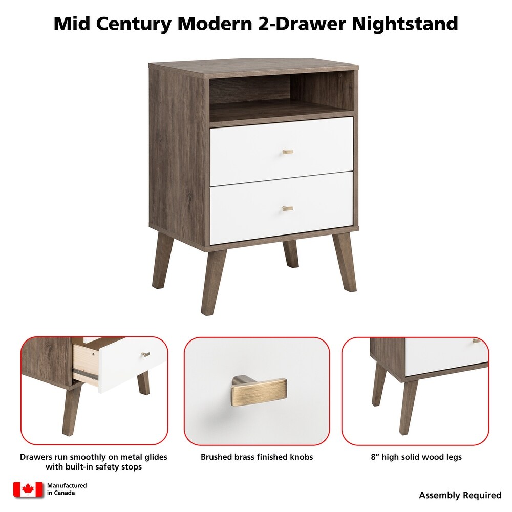 Prepac Milo Mid Century Modern 2 Drawer Nightstand with Open Shelf  Bedside Table  Contemporary Bedroom Furniture