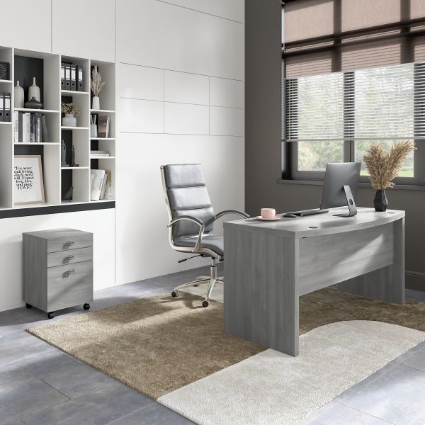 Office by kathy ireland Echo Bow Front Desk with Mobile File Cabinet in Modern Gray