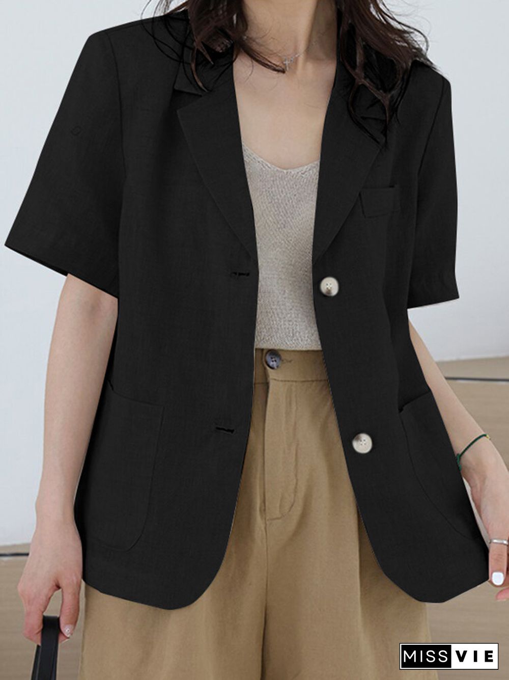 Solid Pocket Button Front Short Sleeve Lapel Casual Blazer