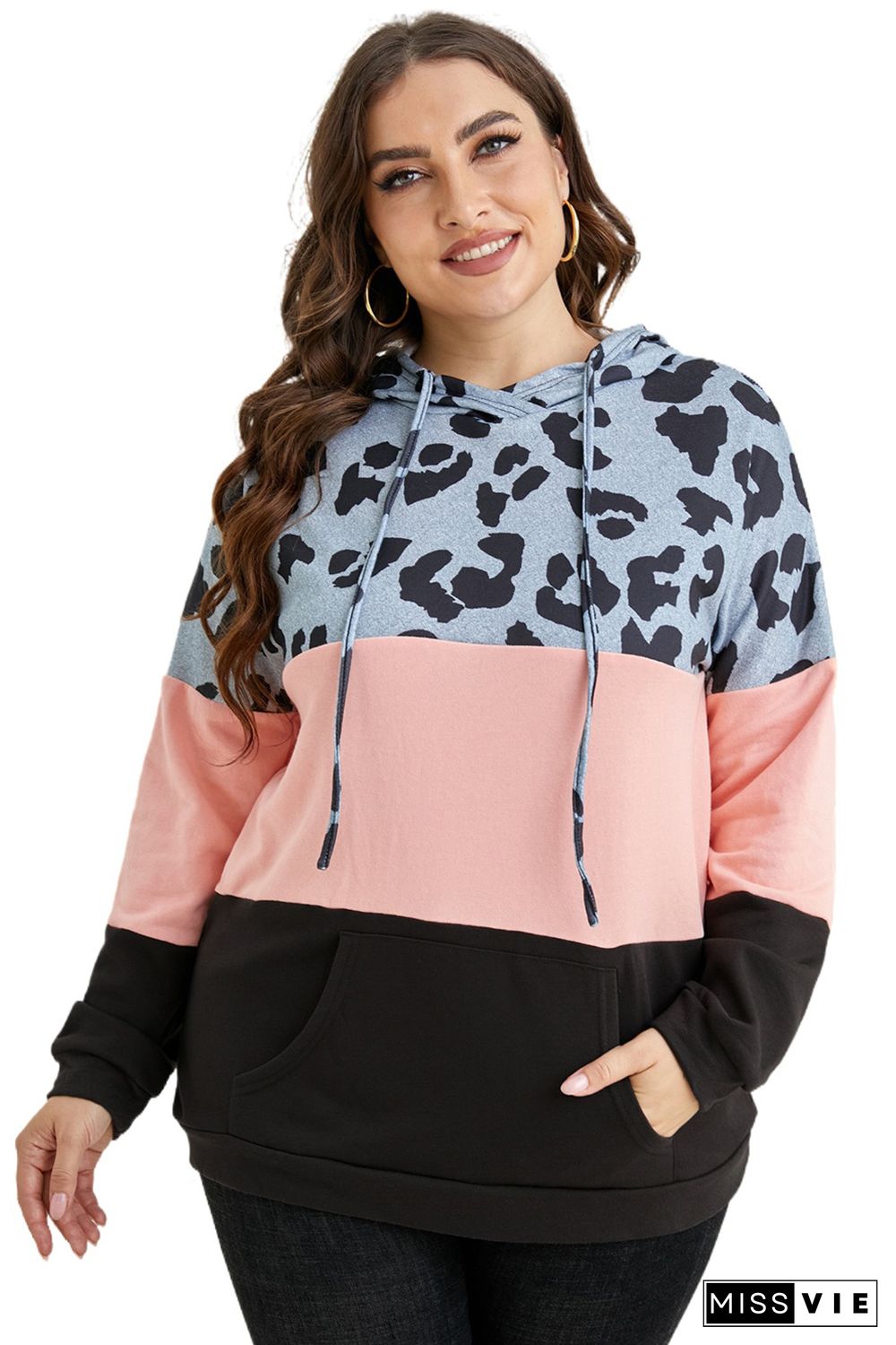 Plus Size Leopard Colorblock Splicing Hoodie with Pocket