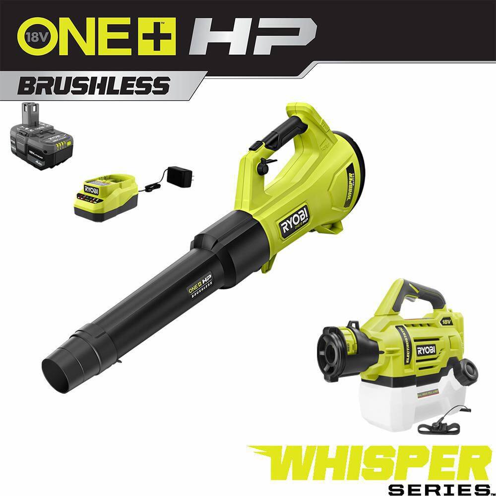 RYOBI ONE+ HP 18V Brushless Whisper Series 130 MPH 450 CFM Cordless Blower wElectrostatic Sprayer 4.0 Ah Battery  Charger P21140-P2809BTL