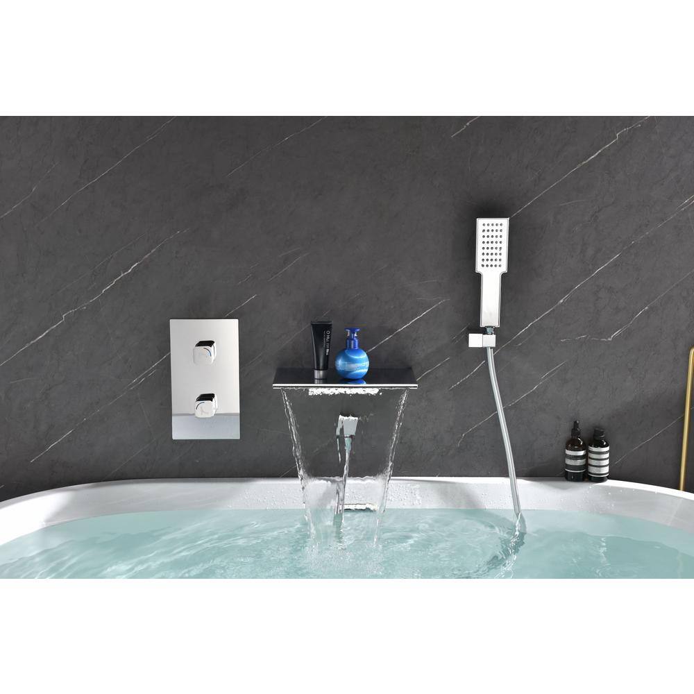 Lukvuzo Wall Mounted 2-Handle Waterfall Spout Freestanding Tub Faucet with Handheld Shower in Chrome HSSA08FS036