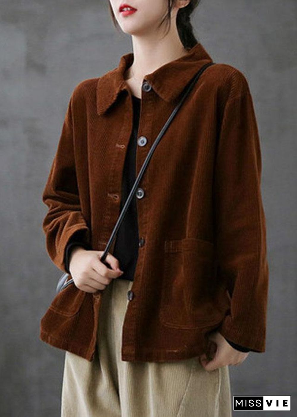 Purple Loose Pockets Shirt Top Long Sleeve Corduroy Coat