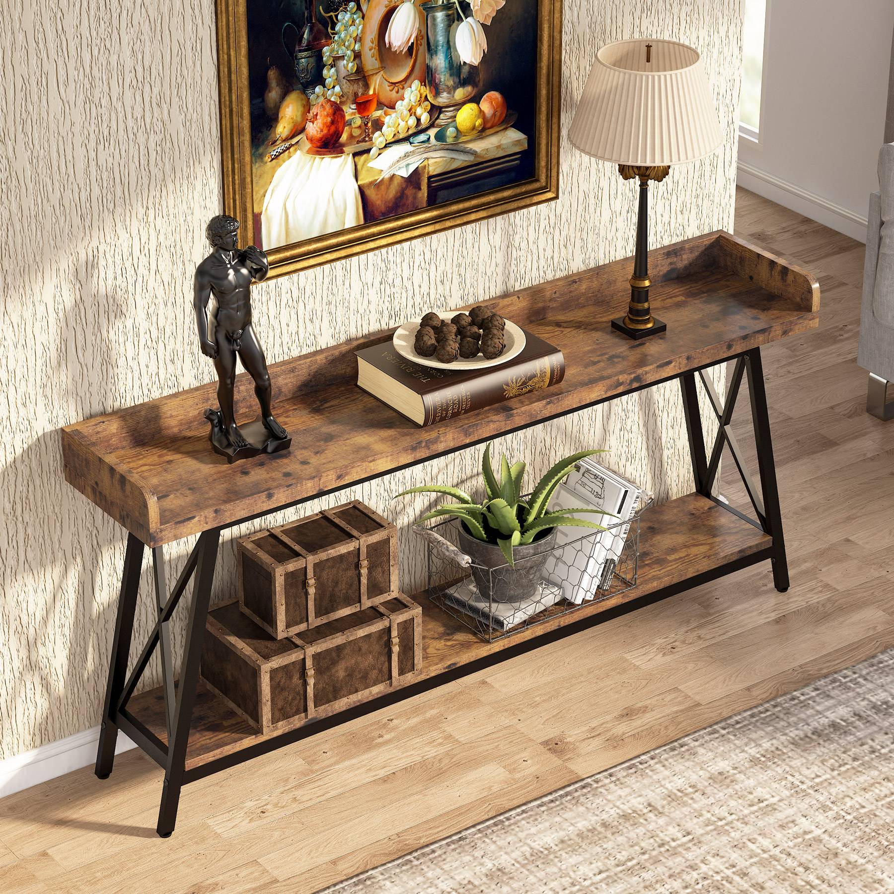 Industrial Console Table, 2-Tier Narrow Sofa Table Behind Couch