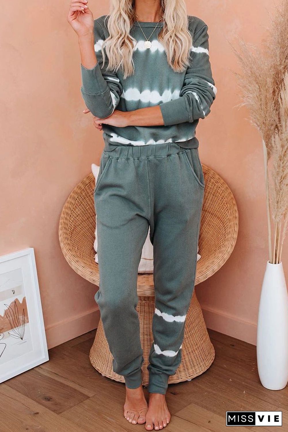 Army Green Tie-dye Stripes Pullover Top and Pants Lounge Set