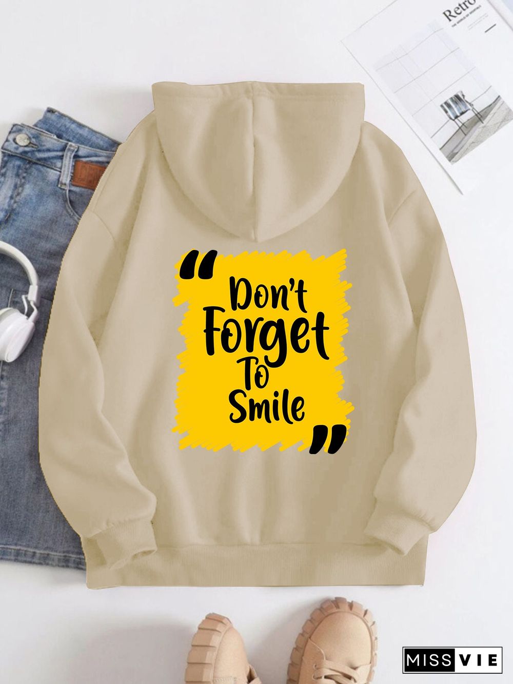 Printed on the Back Kangaroo Pocket Hoodie Long Sleeve for Women Pattern Don't Forget to Smile