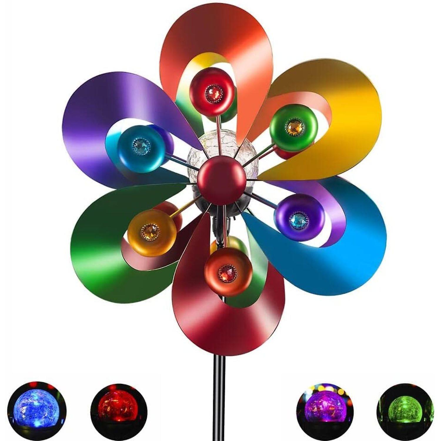 Wind Spinner Outdoor Metal Solar Power Light Colorful Metal With Gem Sculpture Kinetic Windmills Colorful Wind Catcher Glass Ball For Garden Lawn Yard