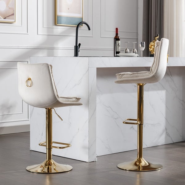 Set of 2 Bar Stools，with Chrome Footrest and Base Swivel Height Adjustable Mechanical Lifting Velvet and Golden Leg