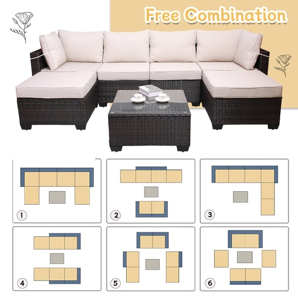 7Piece Rattan Sectional Sofa Set with Cushions and Table