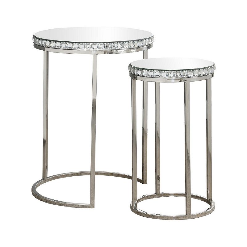 24 Inch Nesting Accent Tables， Mirrored Gemstone Trim， Set of 2， Silver