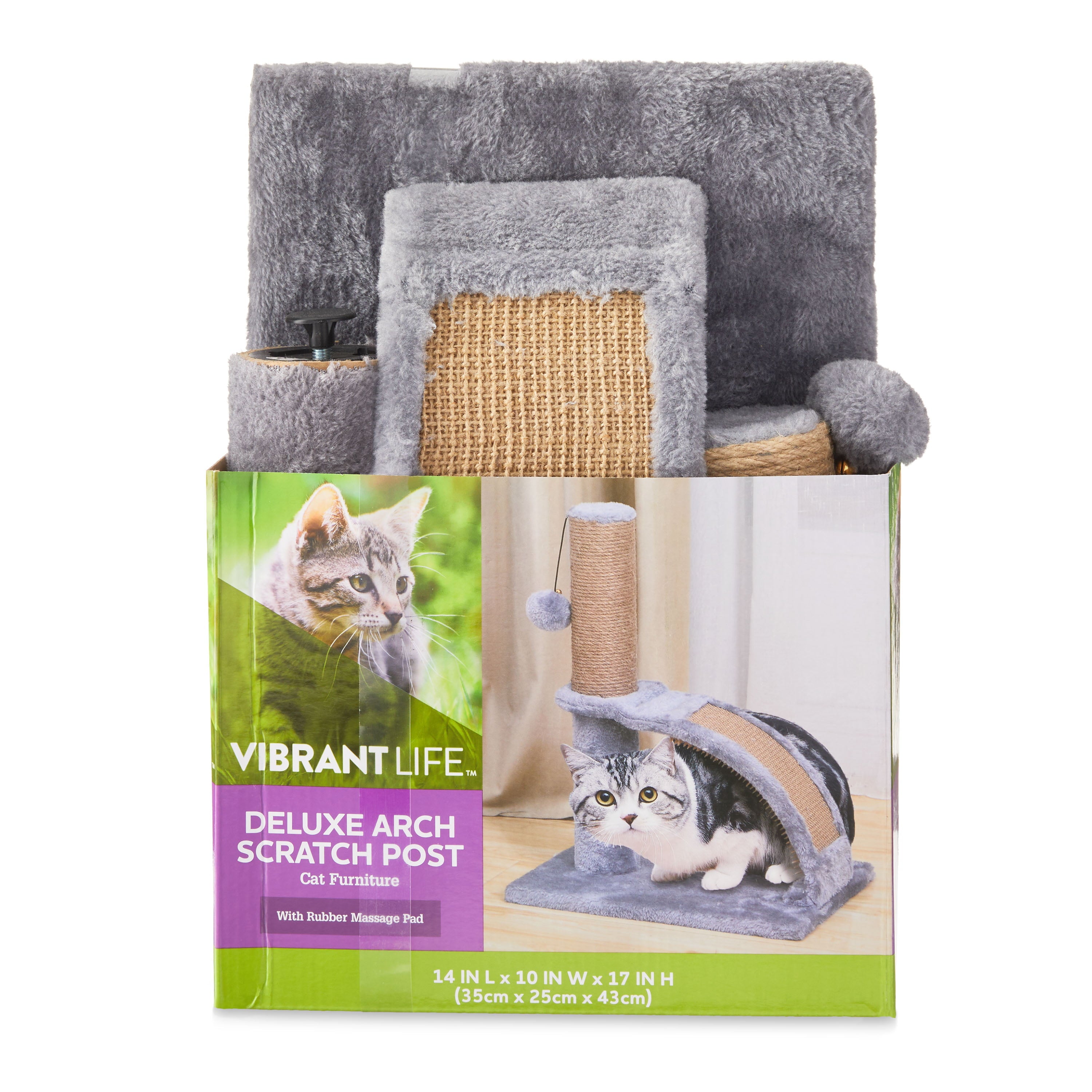 Vibrant Life Deluxe Jute Cat Scratching Post with Arch Rubber Massager， Pack of 1