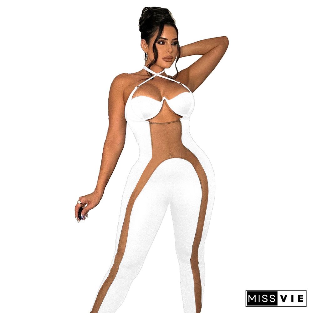 Patchwork Mesh Backless Halter One Piece Jumpsuit