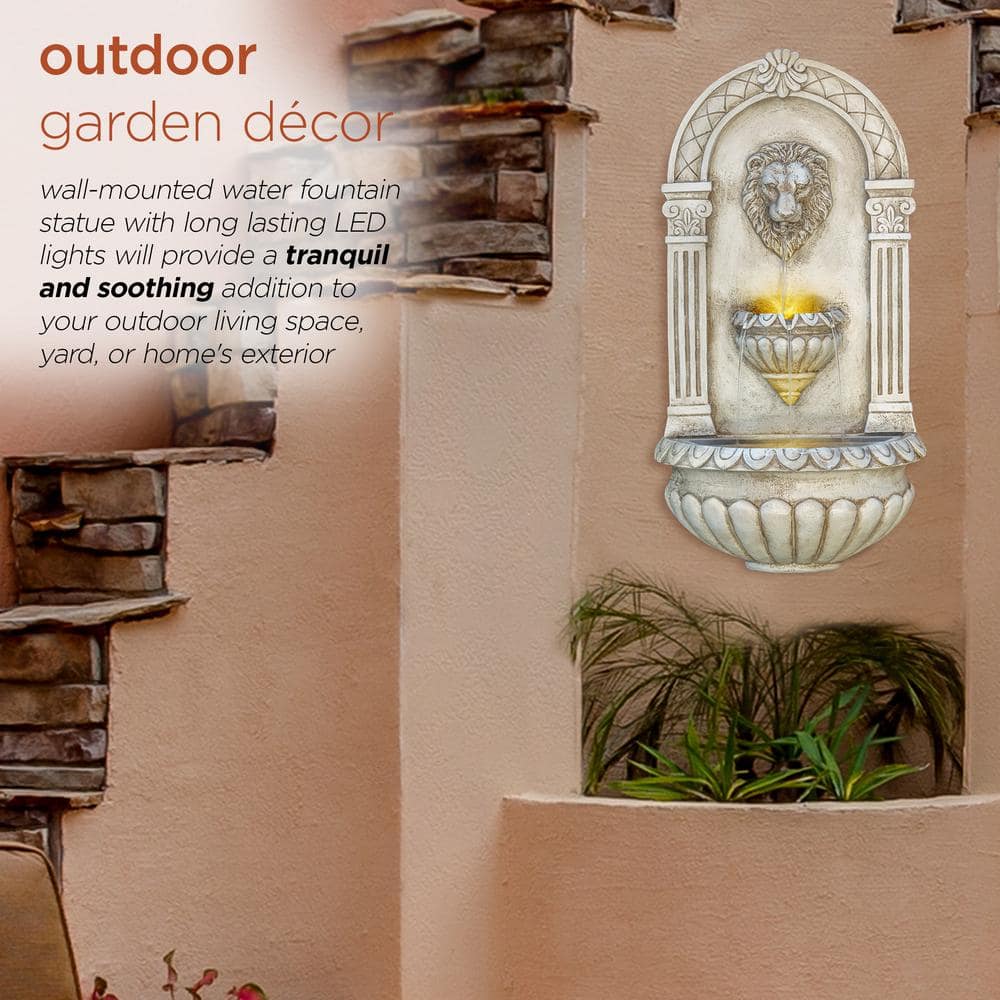 Alpine Corporation 32 in. Tall Outdoor Classical Wall-Mounted Water Fountain with Lion Head and LED Lights TZL160