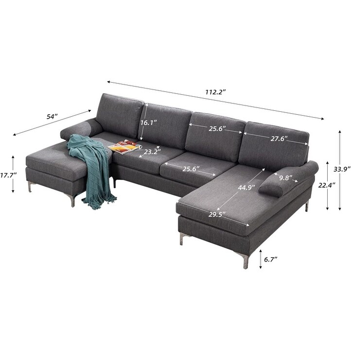 EROMMY Soft Linen Fabric Couch with Double Wide Chaise Lounge  Modern U Shape Sectional Sofa Couch