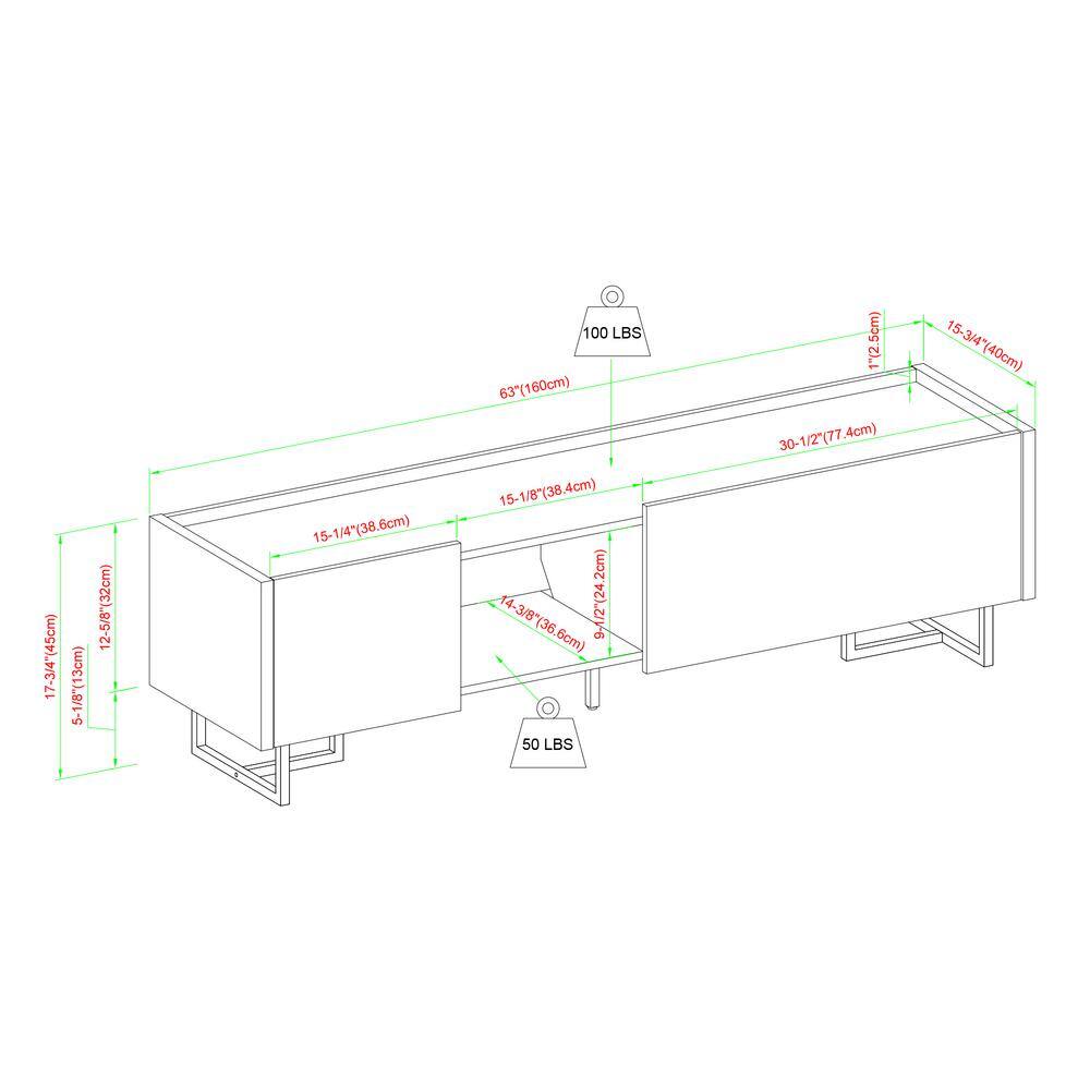 Welwick Designs 63 in. Dark Walnut Wood Modern tv Stand with 2 Doors Fits tvs up to 65 in. with Metal T-Legs HD9341