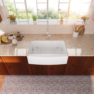 LORDEAR White Fireclay 33 in. Single Bowl Farmhouse Apron Front Kitchen Sink with Bottom Grids HAW3321R1