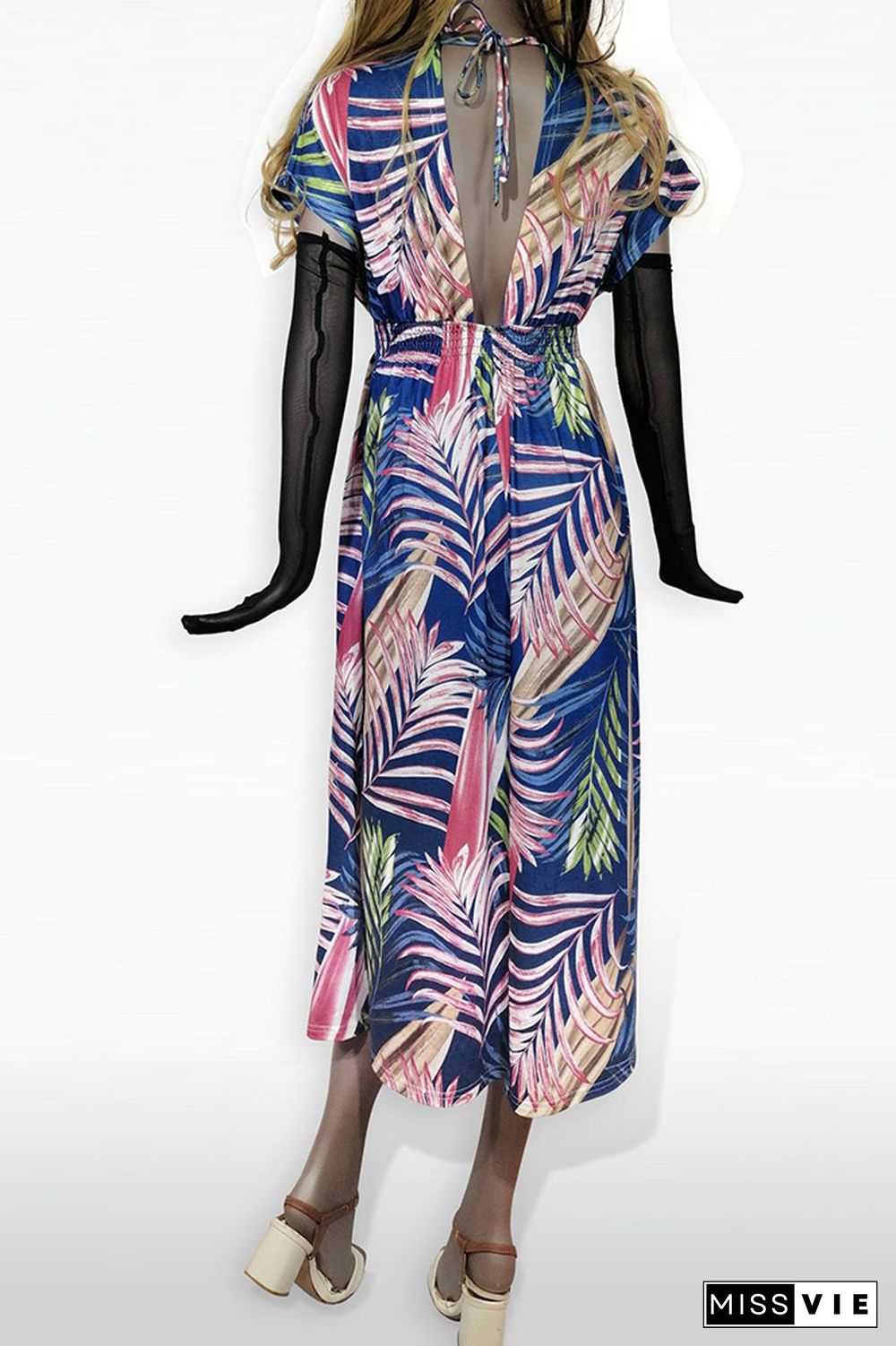 Printed V Neck Smocked Waist Maxi Dress