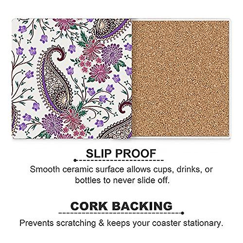 Colourlife Branch With Small Bluebells Printed Square Ceramic Coaster For Drinks With Cork Base For Coffee Cups Place Mats For Home Decor Set Of 6 Pie