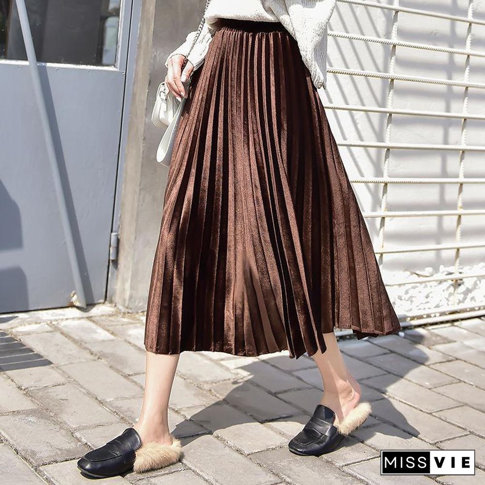 Fasion High Waist Pleated Velvet Skirt