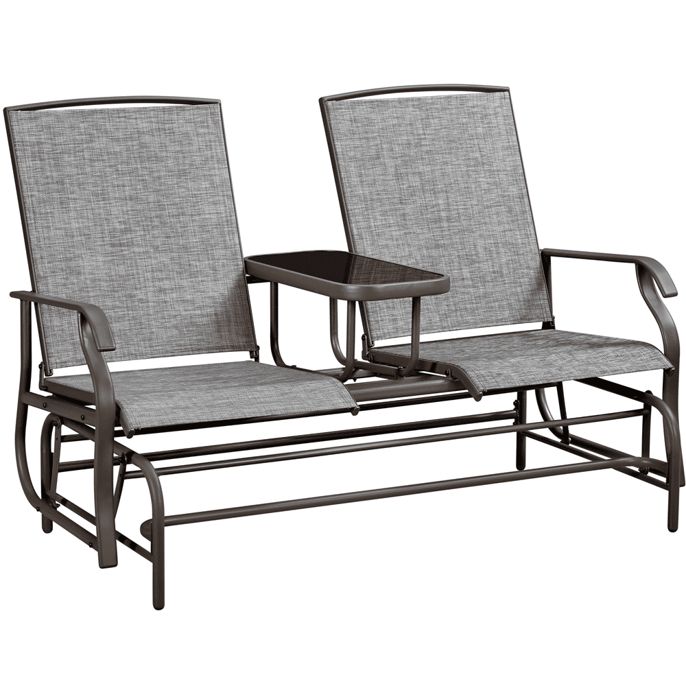 Topeakmart 2-Seater Outdoor Glider Bench with Tempered Glass Tabletop Texteline Fabric and Steel Construction, Gray