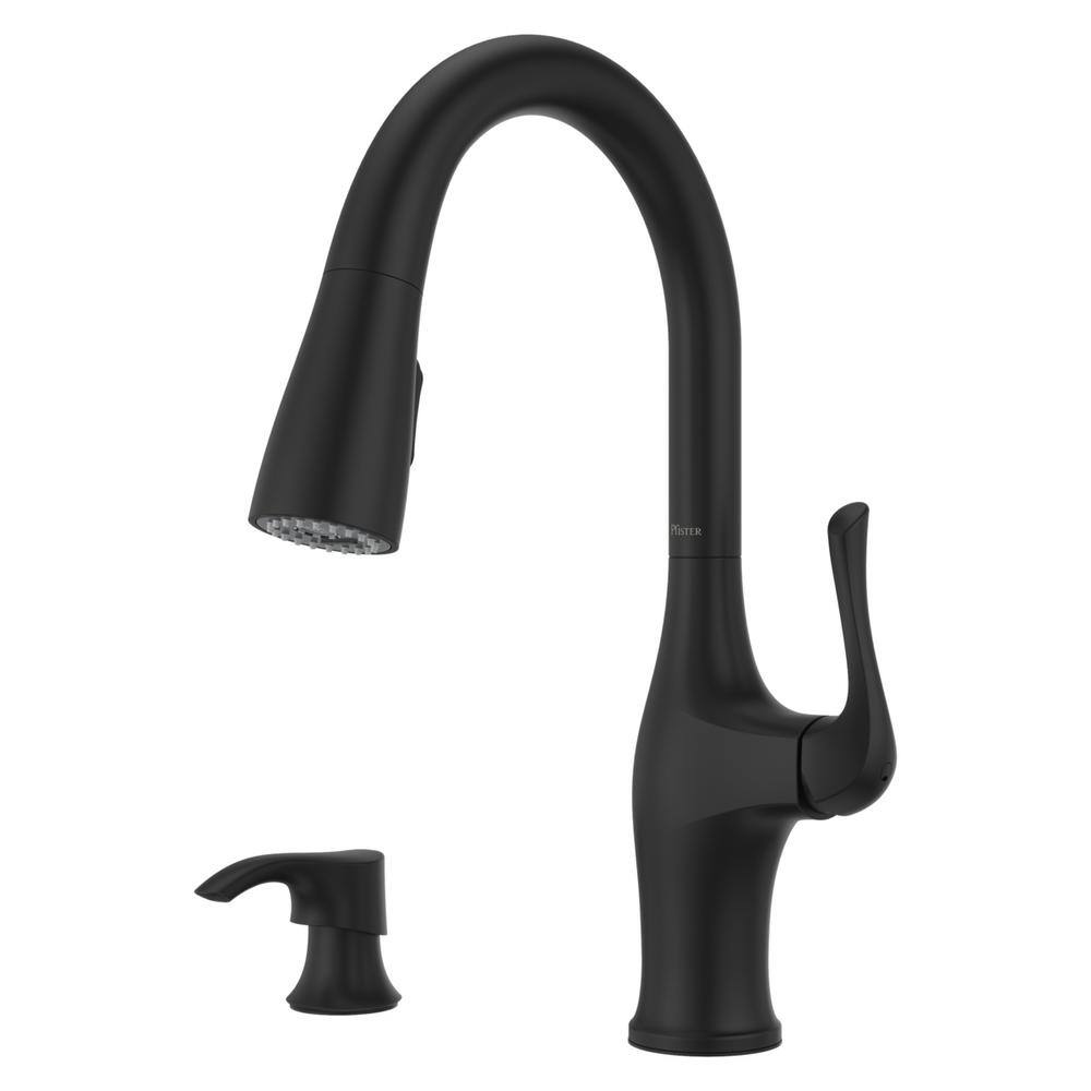 Pfister Wray Single-Handle Pull-Down Sprayer Kitchen Faucet with Solo Tilt Soap Dispenser in Matte Black F-529-7WRYB